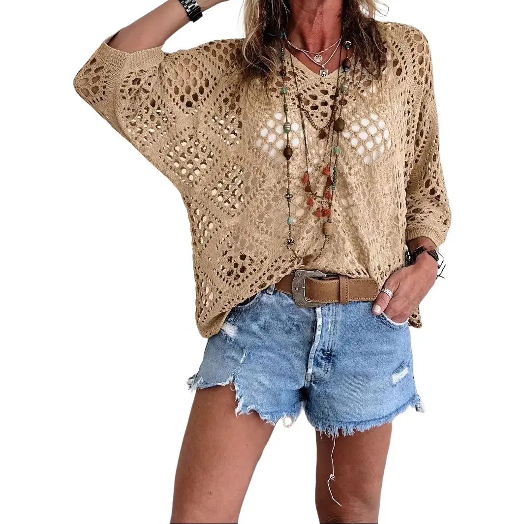 PHEFEE  100% cotton Women's Crochet V Neck Tops Summer Hollow Out Knit Pullover Casual Loose Batwing Sleeve Boho Cover Up Blouse