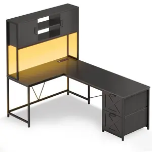 SIKAIC 86.6-Inch LED L-Shaped Gaming Desk, Black Desks for Gaming, Gaming Desks