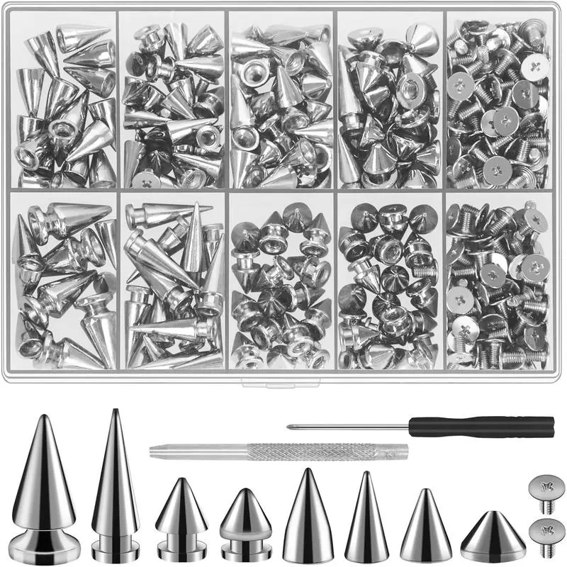 354 Sets Punk Spikes and Studs Kit,Metal Tree Spikes Studs 8 Sizes, Cone Spike and Studs Rivets for Leather Craftsmanship, Punk Style Clothing, Jackets, Shoes, Belt Bags, Collars