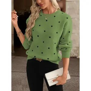 Women's elegant polka dot jacquard polyester long sleeved knitted pullover, fitted style, moderate fabric thickness, autumn and winter clothing, women's clothingRAIMENTRY