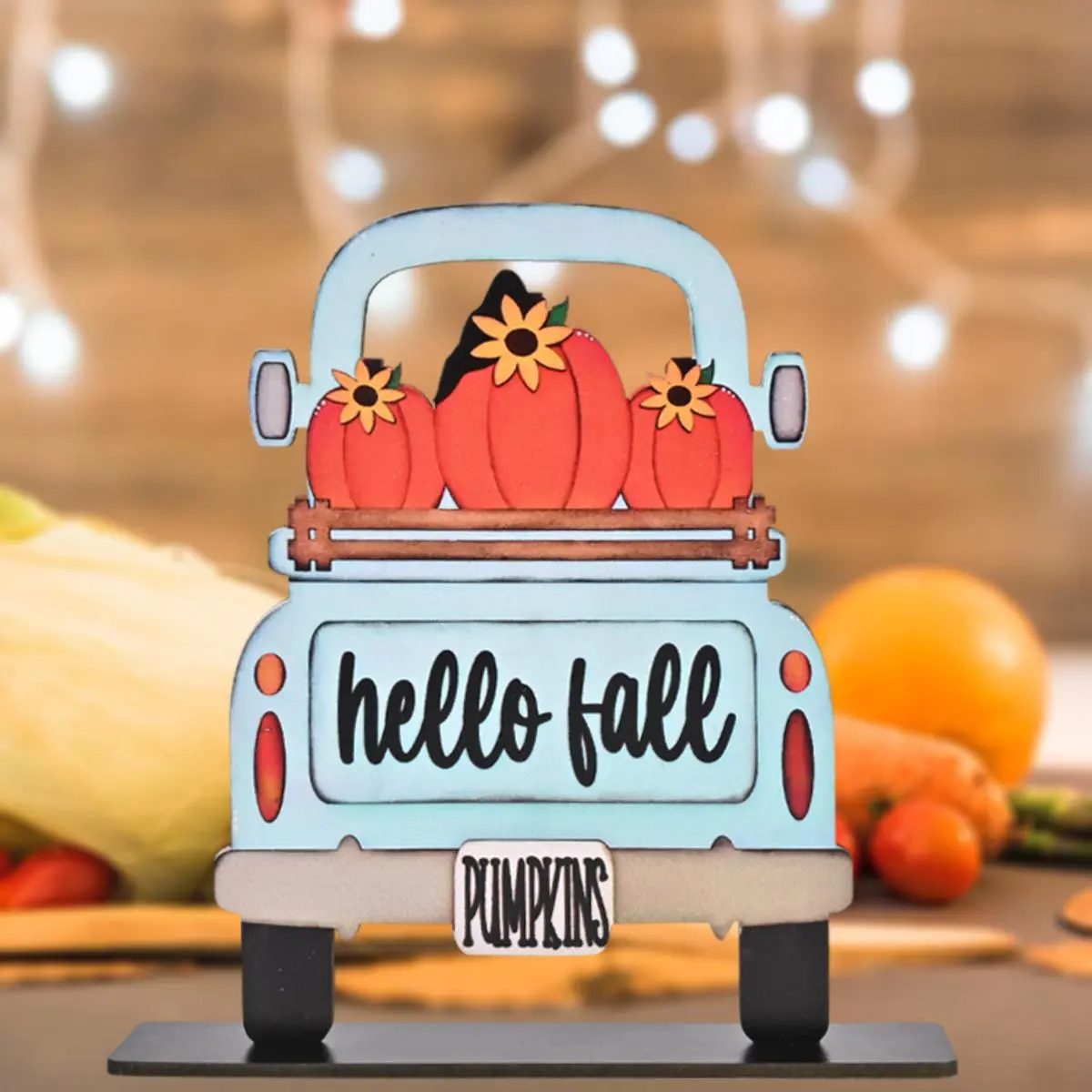 Wooden Pumpkin Car Decorative Ornament, Farm Themed 8in Wooden Decorative Ornament, Rustic Fall Harvest Festival Home Room Holiday Decoration, Halloween