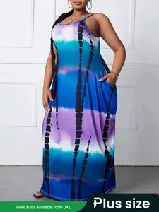 【Plus Size】 Tie Dye Print Pocket Cami Dress, Casual Fashion Cozy Sleeveless Spaghetti Strap Dress for Summer, Women's Plus Clothing for Daily Wear, Plus Size Tummy Flattering Dresses