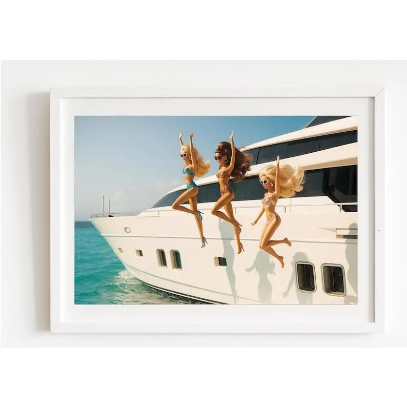 Slim Aarons Inspired Luxury Yacht Art Print – Retro Summer Doll Poster, Pop Art Wall Decor, Fun Fashion Photography, Coastal Chic Home Decor