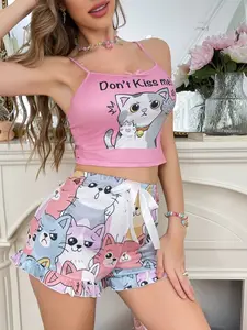 2-Piece Cute Cat Print Camisole Pajama Set, Sweet Soft Lightweight Style with Adjustable Straps, Adorable Bowknot Detail, Perfect for Cozy Home Wear