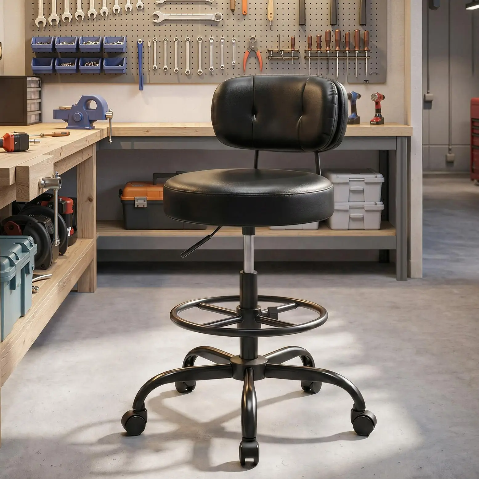 Raybee Drafting Chair with Smooth Wheels & Dual-Layer Backrest, Bar Stools With Adjustable & Swivel Foot Rest Ring, 4" Thick PU Leather Seat Cushion for Studio Lab Counter, Black
