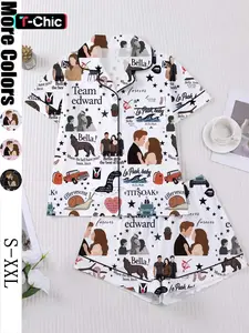 Twilight Printed Couple Women's Pajama Set, Short Sleeve Button-Up Soft Top and Loose Elastic Shorts, Casual Home Wear Loungewear