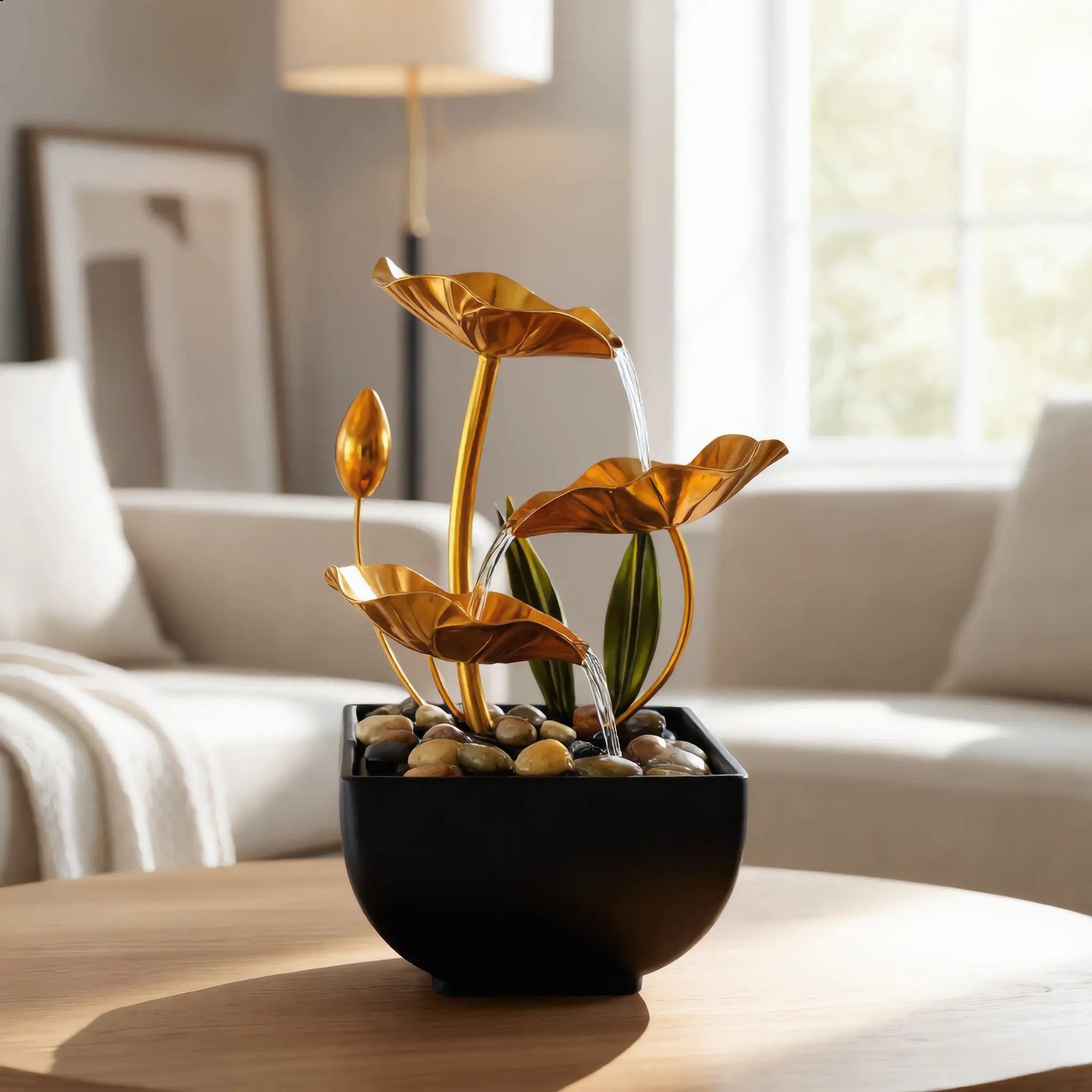 USB Powered Tabletop Fountain With Reflective Lighting Feature And Natural River Rocks, Desktop 3-Tier Indoor Golden Lotus Leaf And Flower Relaxation Fountains Waterfall, Office Home Decor