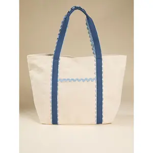 Ric Rac Boat Tote Bag – Large Canvas Beach Tote with Blue Trim and Scalloped Shoulder Straps
