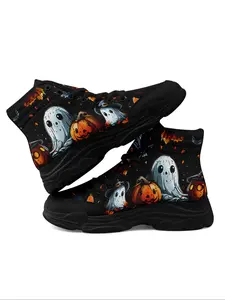 Halloween-Themed Women's High-Top Canvas Sneakers, Cute Ghost & Pumpkin Design, Soft Lightweight Comfortable Casual Shoes for Daily Wear
