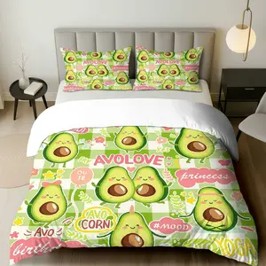 3PCS Duvet Cover Set, 1 Duvet+2 Pillowcases(Without filler), Avocado  Cute Fun Love Yoga theme, Birthday bedding set, Kawaii Fruit Pattern Suitable for decoration Bedroom, Dorm, Apartment, Guest Room.