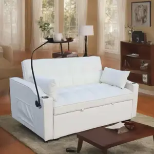 Comfortable White Convertible Sofa Bed with Storage and Adjustable Lumbar Support for Living Room