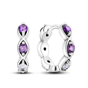 Twisted Purple CZ Huggie Hoop Earrings S925  Silver Plated, Amethyst Crystal Infinity Design, For Earring Stacks Adult Daily Party Jewelry Gift