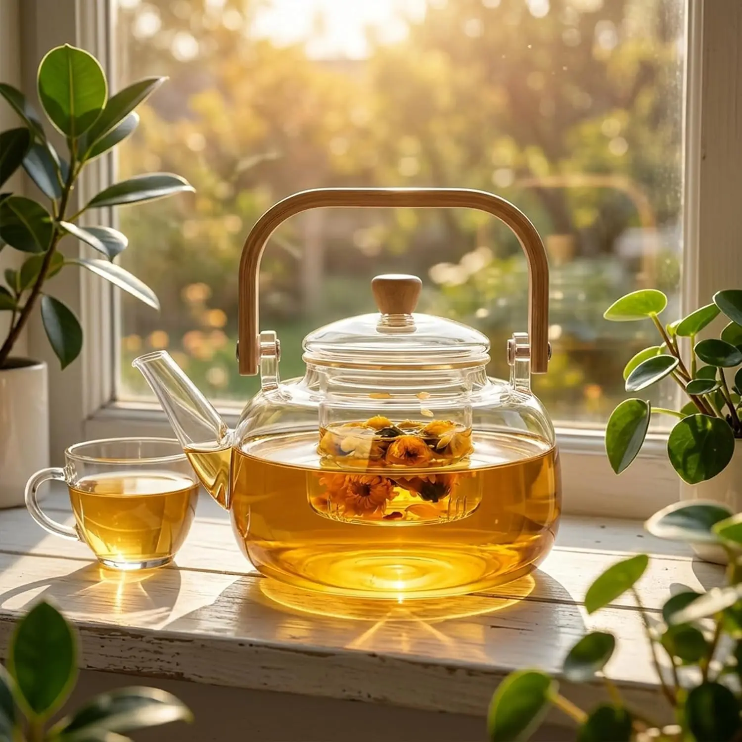 1000ml (33.8oz) Modern Borosilicate Glass Teapot with Glass Wood Handle Grip, Stovetop-Safe Kettle with Removable Infuser for Blooming & Loose Leaf Tea, Home Use