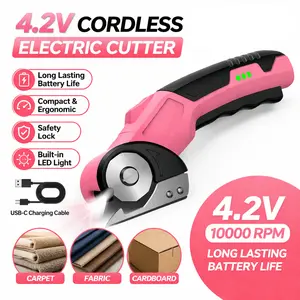 2026New Cardboard Cutter Electric 3000mAh,Cordless Electric Scissors with 4 Blades & Sewing Scissor, Safety Lock & LED Light, 300RPM, Electric Box Cutter for Fabric Carpet Carton Plastic Leather Cloth