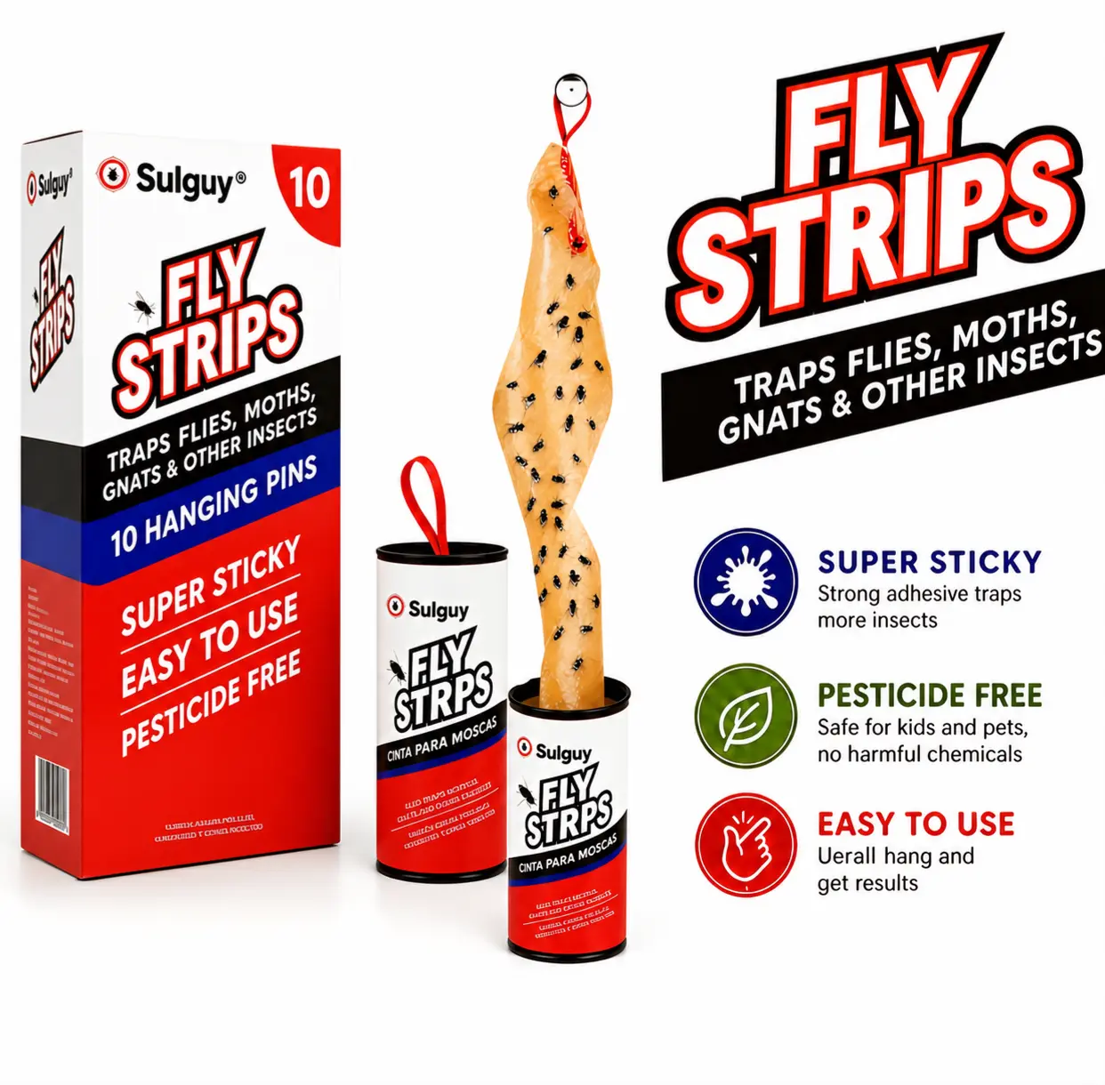Sulguy Sticky Fly Strips, 10pk with Pins – Non-Toxic Alcohol-Free Bug Traps for Indoor Outdoors Home, 3-Month Effective Roll Format Tape for Gnats, Fruit Flies, Houseflies