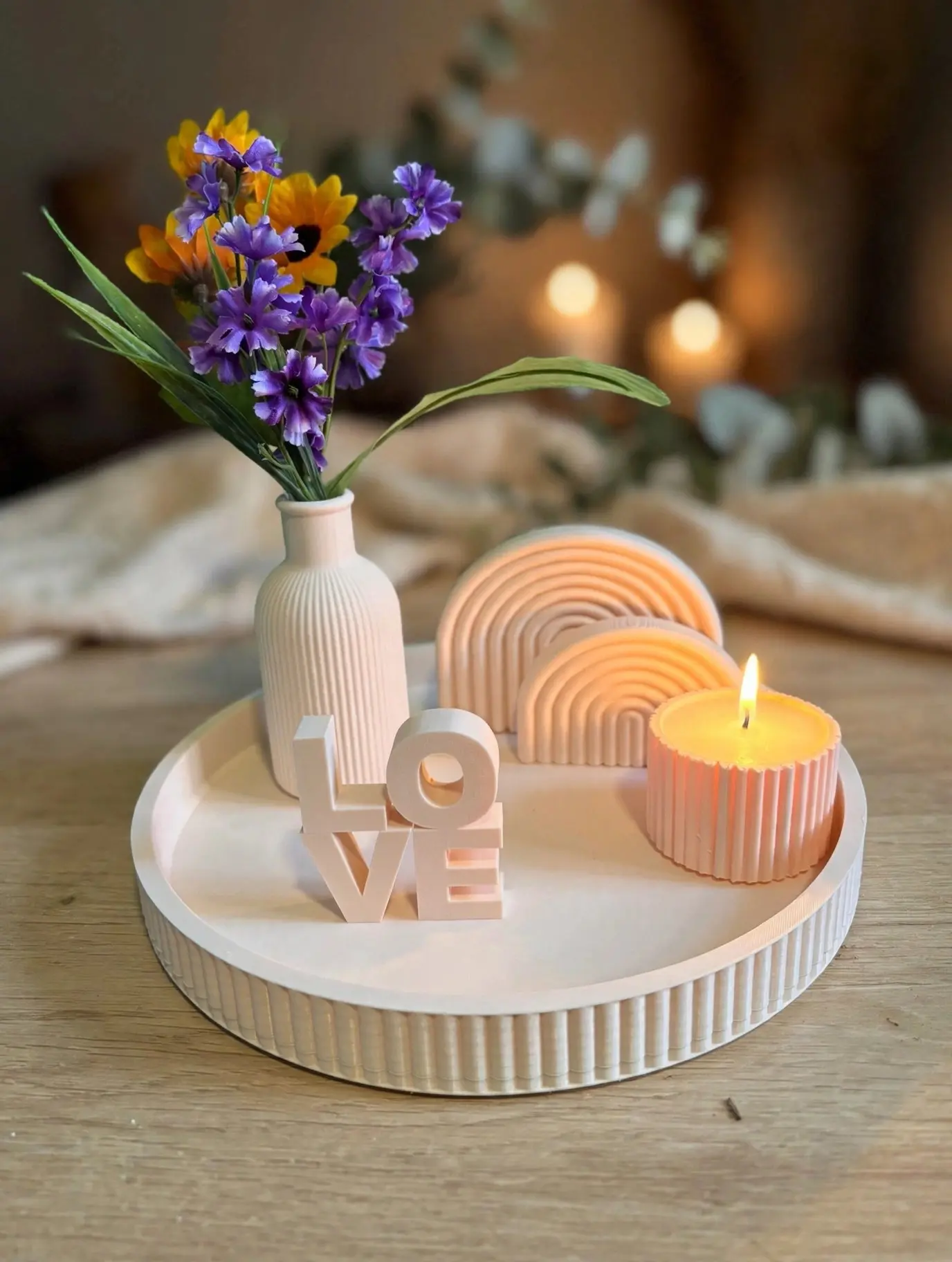 BOHO Tray Set - 3D Printed Boho Centerpiece Kit with Bud Vase, Decorative Arches and Candle Holder, Handmade Coffee Table Shelf Decor, Minimalist Home Decor