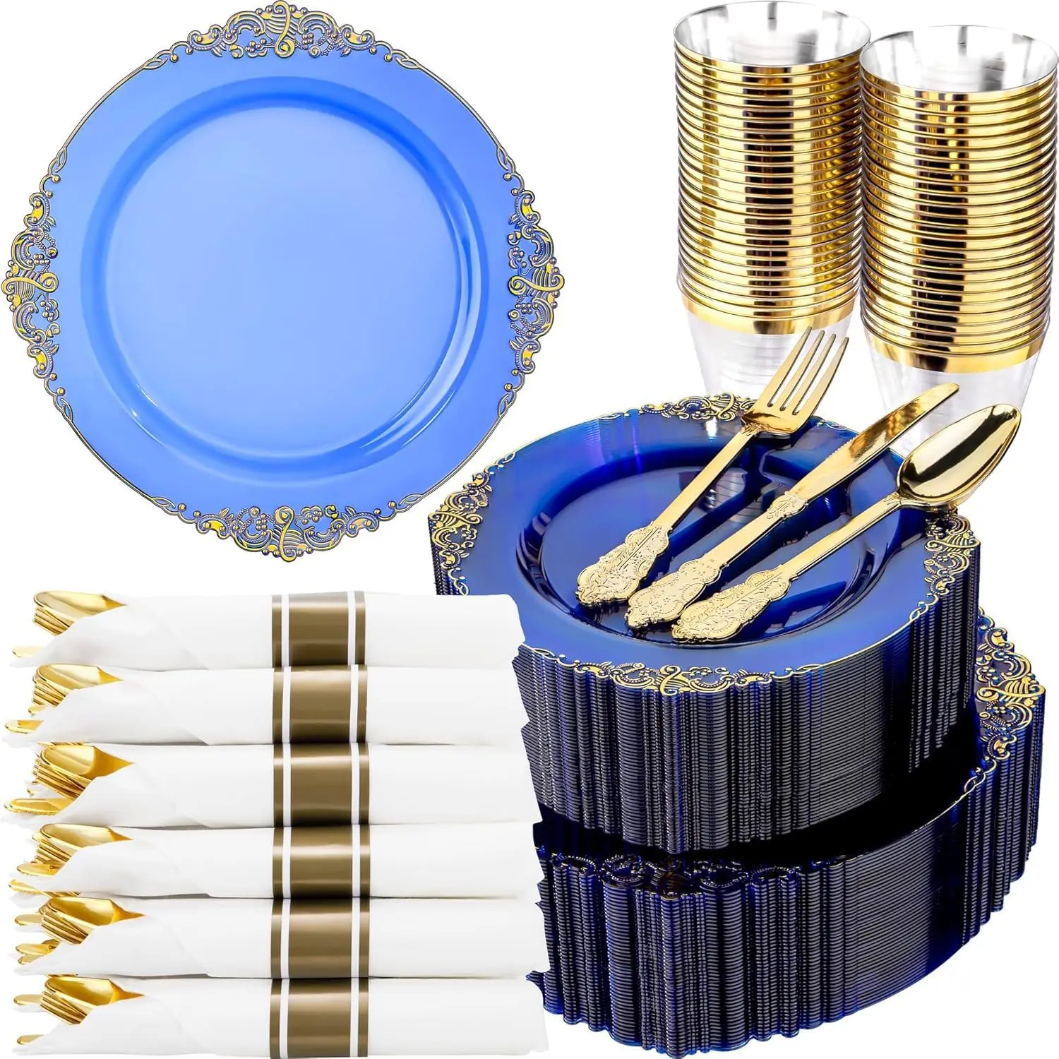 350PCS CLear Blue Plastic Plates - Blue Gold Plastic Dinnerware Sets for 50 Guests - 100 Disposable Plates, 150 Silverware, 50 Cups, 50 Napkins for Wedding & Party & Memorial Day