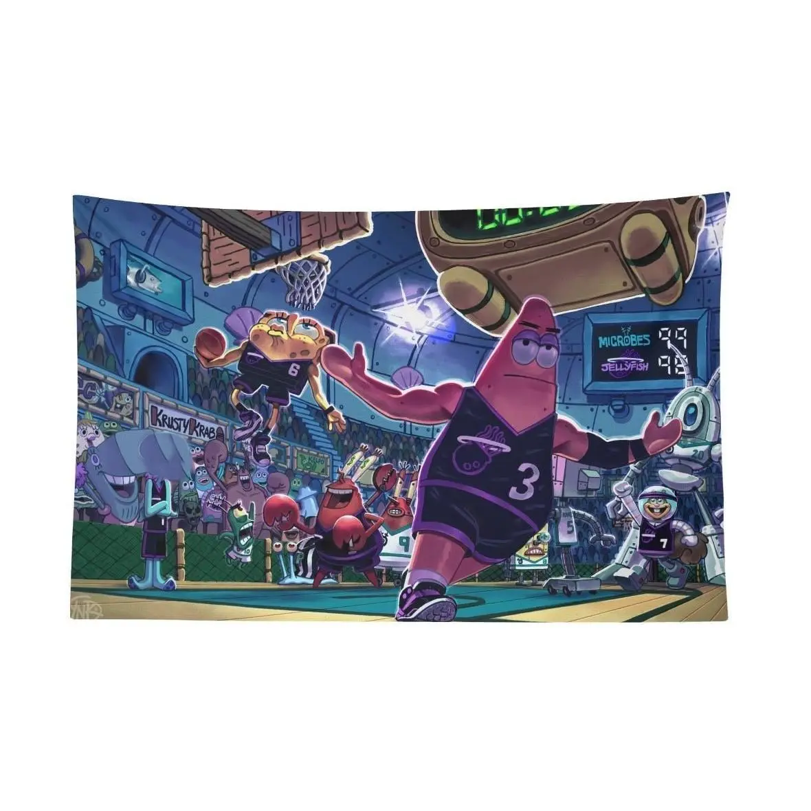 SpongeBob & Patrick Lebron-Dwyane Wade Dunk Flag Recreation Tapestry, Home Wall Hanging Decor, Wedding Backdrop, Ideal Gift for Cartoon Basketball Fans