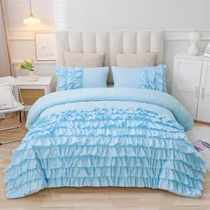 Light Blue Waterfall Ruffle Comforter Set  Size Multi-Layers Ruffled Shabby Chic 3 count Bedding Set for Girls Women