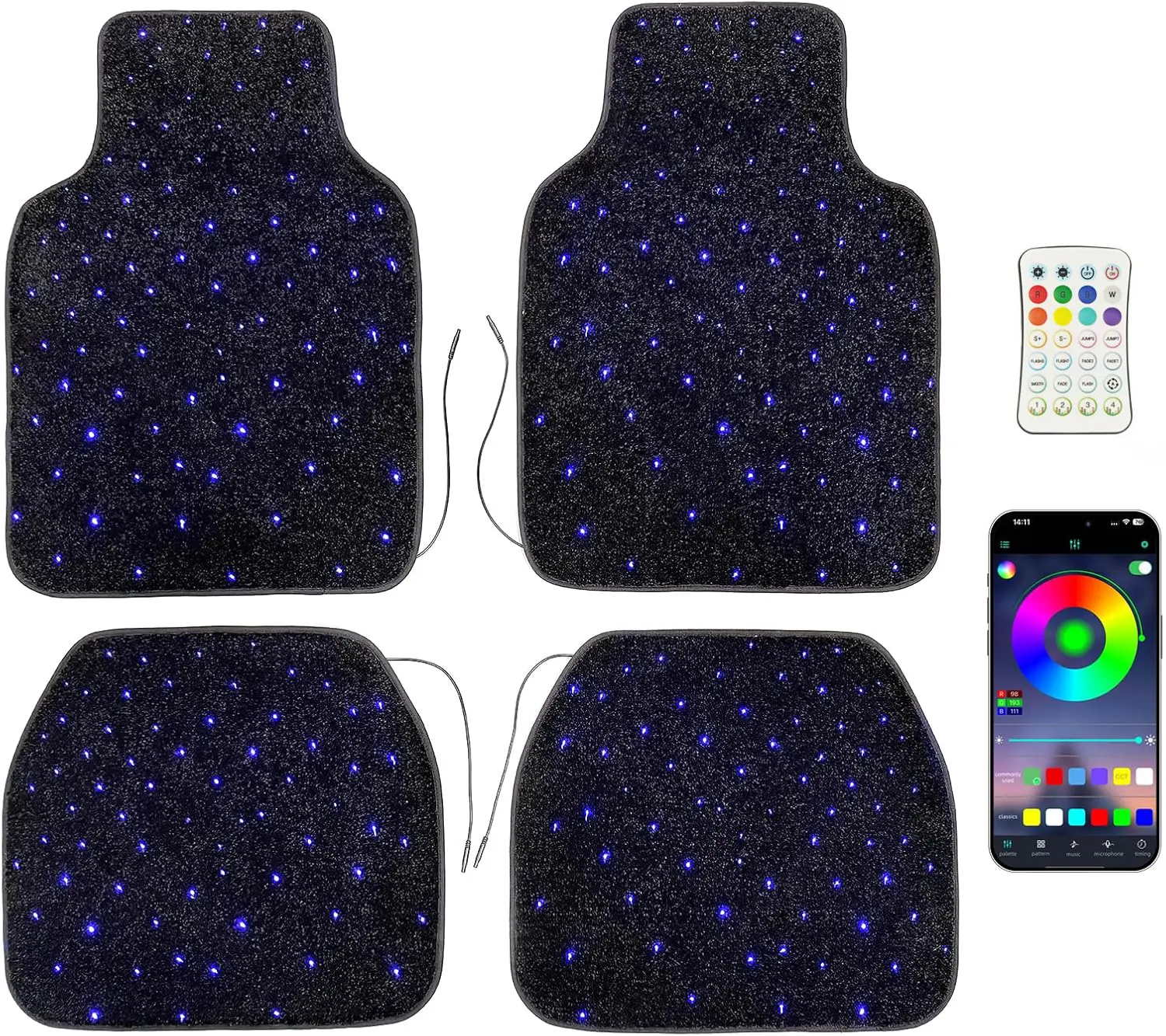 Starlight LED Car Floor Mats, Universal RGB Car Interior Atmosphere Light Kit with APP & Remote Control, Music Sync, Multi‑Color Star Effect, Waterproof Washable, USB & 12V Powered Romantic Car Decor Accessories