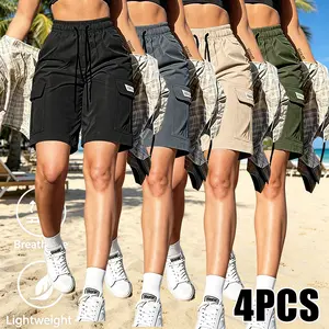 4-pack women’s lightweight, breathable mid-length cargo shorts for summer with an elastic waistband and multiple pockets; elastic-waist drawstring shorts suitable for outdoor, street, and everyday casual wear Summervibes