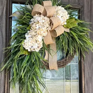 Rustic Bohemian Wreath (double-Sided Door Hanging) with Linen Bow & Greenery, Natural Farmhouse Style, Holiday Decorations2026