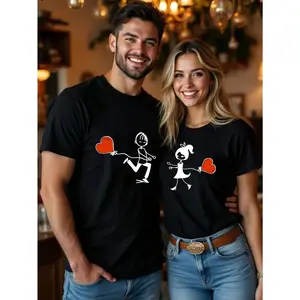 Valentine's Day Couple Matching T-Shirts - Romantic Cartoon Character & Heart Balloon Print, Soft Stretch Fabric, Machine Washable, Multi-Color Options, Sizes S-XXL, Valentines Day Gifts, Lovethemed Apparel, Casual Round Neck, Comfortable Fit, Lovethemed