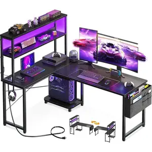 L Shaped Desk Gaming Desk with LED Light & Power Outlet, 53 Inch Reversible L Shaped Computer Table with Shelf