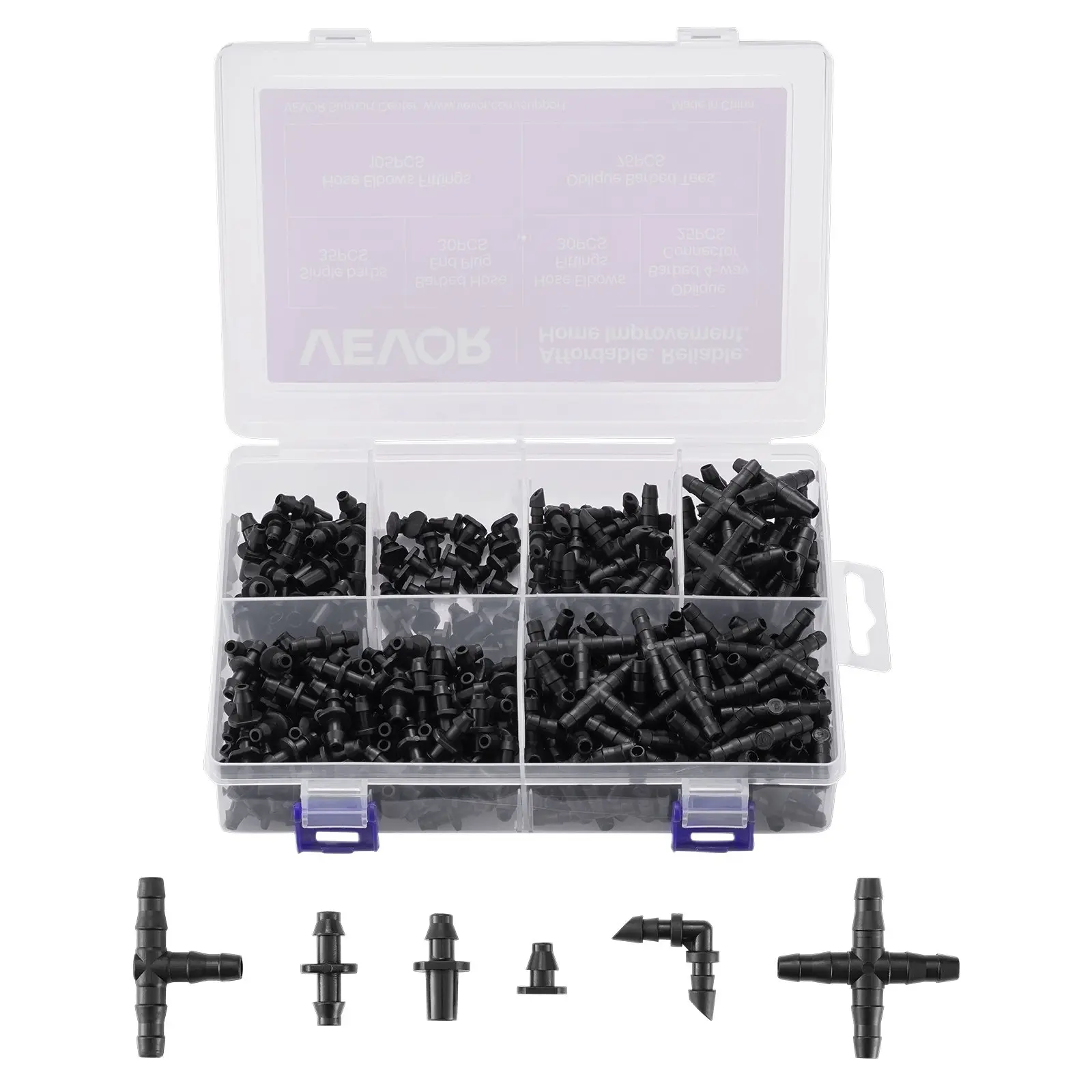 VEVOR 300-Pcs 1/4-Inch Drip Irrigation Fittings Kit, High-Quality Plastic Barbed Connectors Set with Tees, Straight Barb, 4-Way Coupling, Elbows, End Plug, Corrosion-Resistant for Farming, Yard Gardens, Flowerbeds (Easy Connection for 1/4-Inch Hoses)