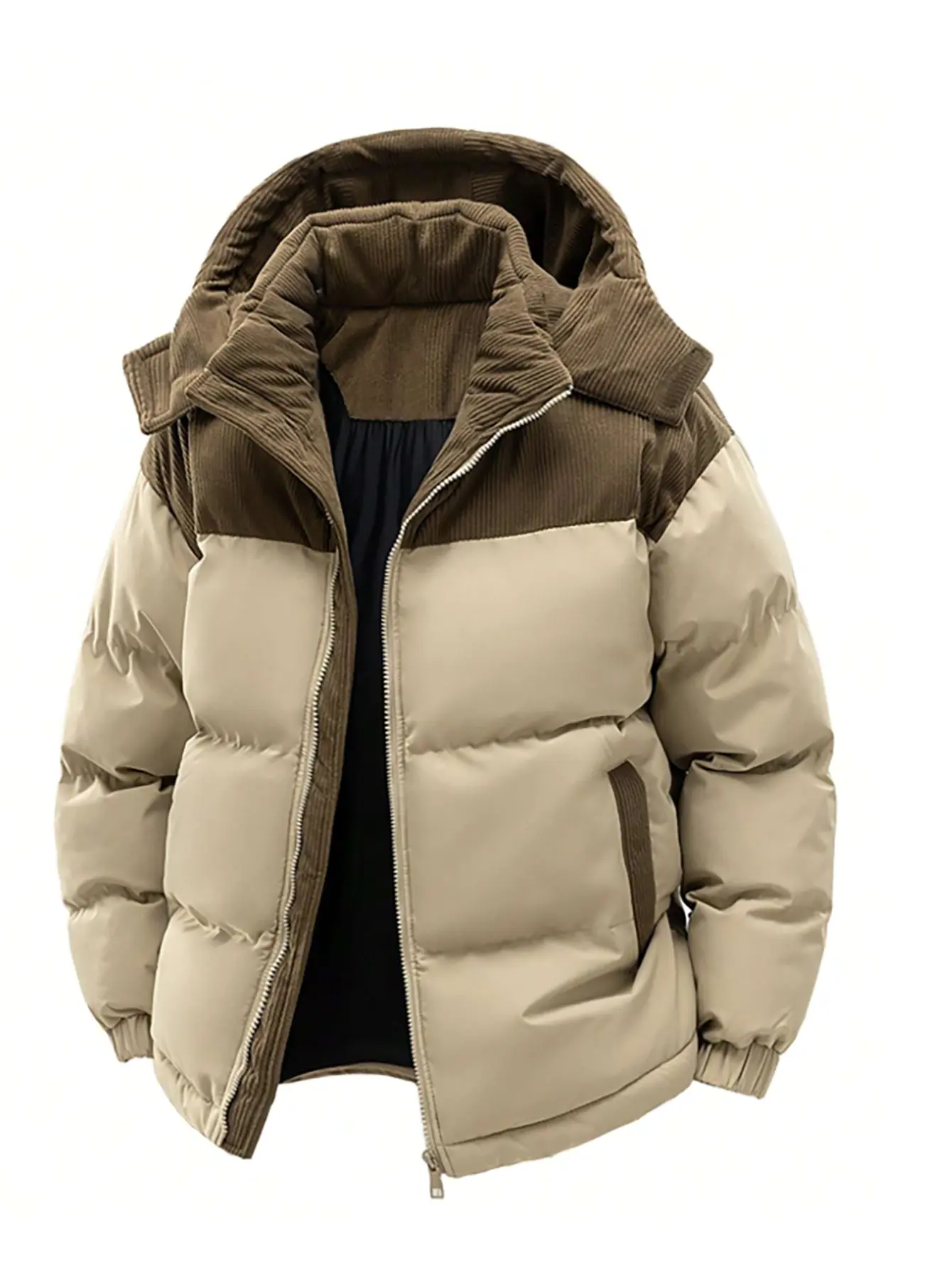ColorArea men’s retro fleece-lined hooded winter jacket with detachable hood, color-block design, couples’ style long-sleeve khaki outerwear jacket