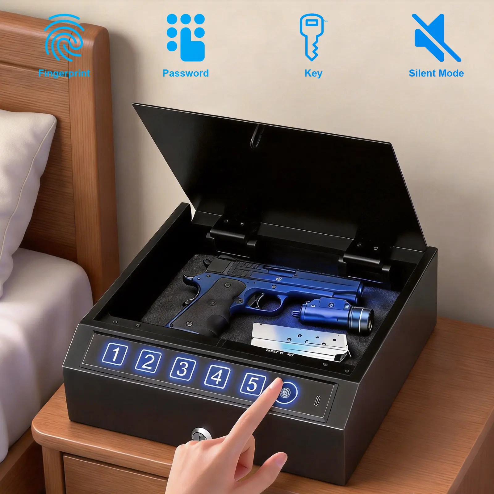 CTSAFEPRO Biometric Gun Safe, Fingerprint Pistol Safe with 3 Unlock Modes, Built-in LED Light, Quick Access Handgun Safe for Home, Bedside & Car
