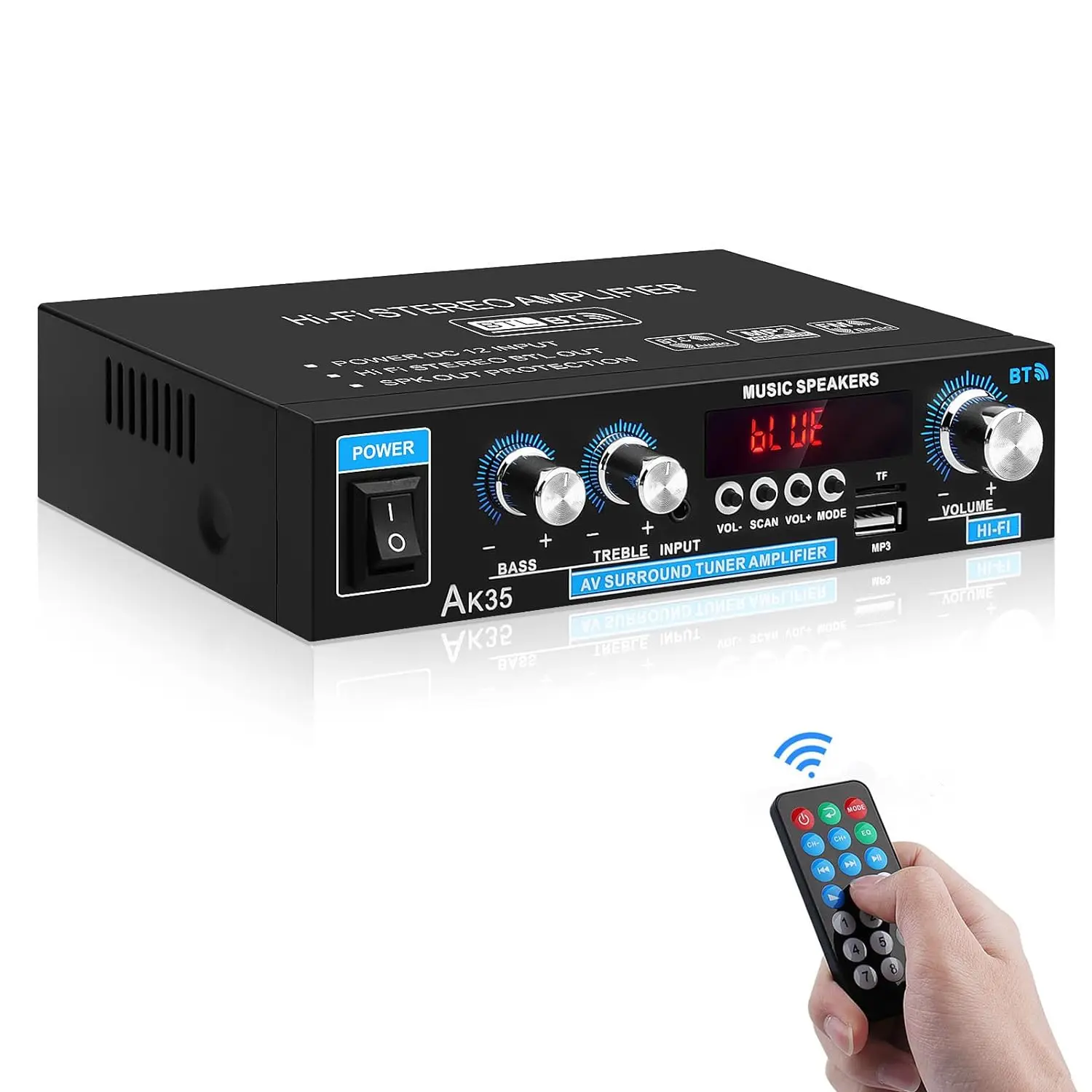 Home Audio Amplifier AK-35, HiFi Bluetooth 5.0 Mini 2.0 Channel Stereo Power Amplifier Receiver with 30W x 2 RMS/200W Max Output, USB, AUX, FM Radio, Remote Control for Home Theater Speakers System Module