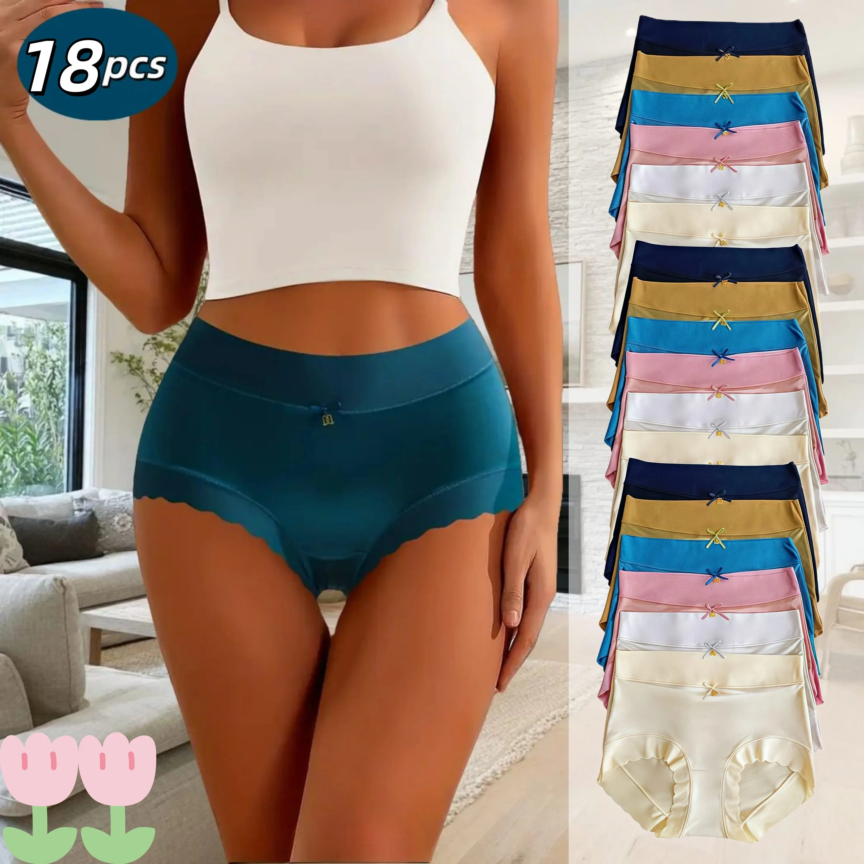 H  18-piece satin underwear set: sexy waist, non-pinching. Three options (18/12/6pcs). Ruffled edges + bows, minimalist, sexy & cute. For running/yoga/fitness; perfect holiday surprise. Womenswear Panties
