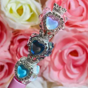 Rhinestone Heart Bead with Crown, mix 4pcs