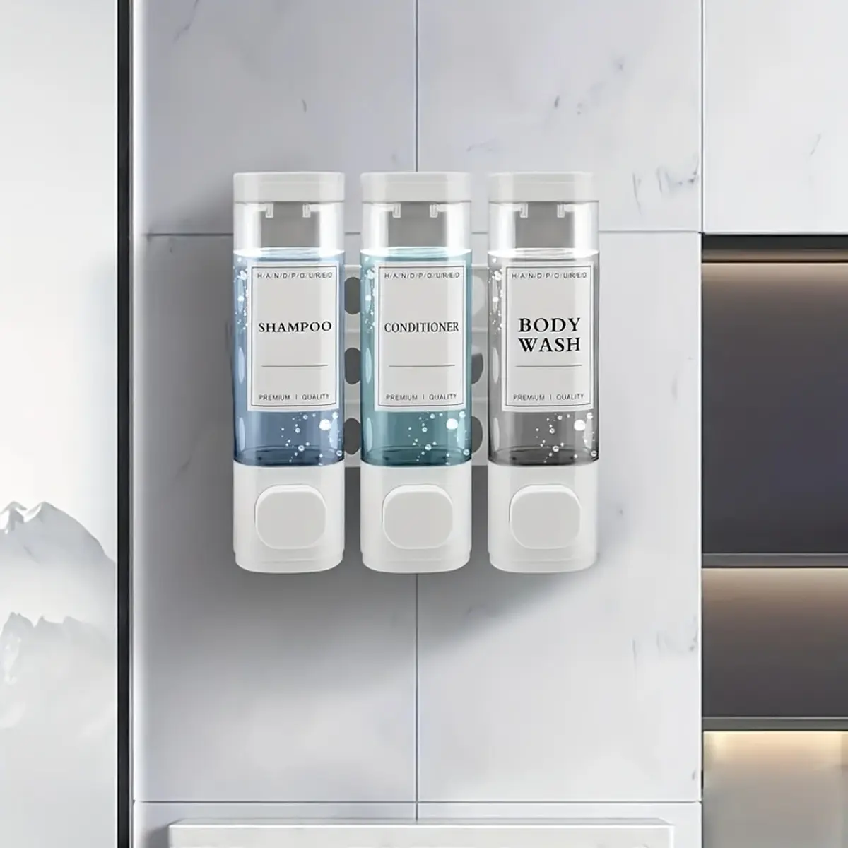 3-In-1 Square Shower Dispenser, Wall-Mounted Shampoo, Conditioner, Soap Dispenser, No Drilling, Bathroom Restroom & Hotel Use, Stylish Triple Organizer, Soap Container, Soap Canister