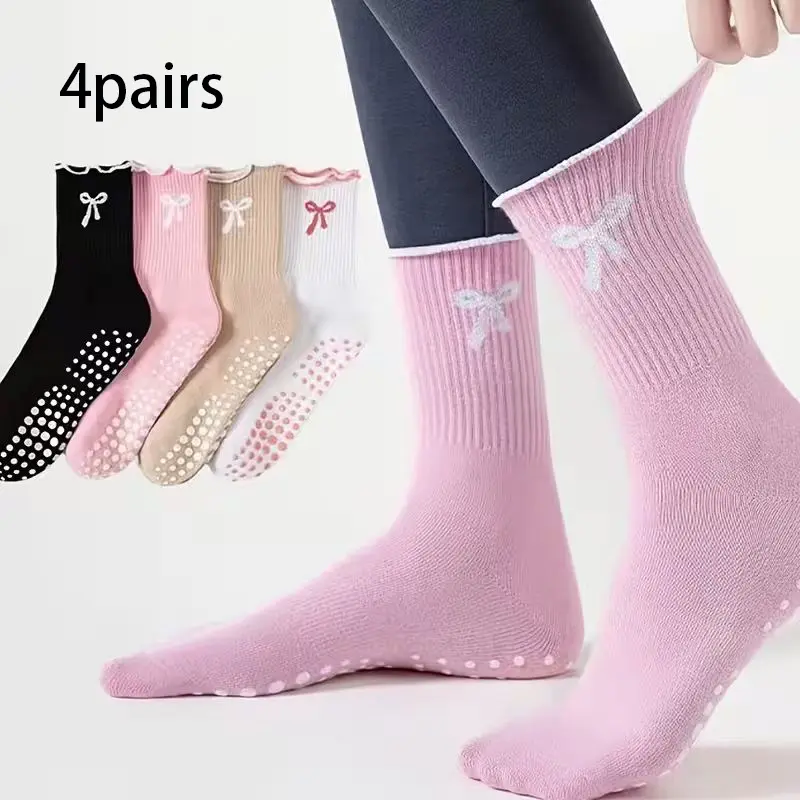 4 Pairs Female Compression Stockings, Women's Patterned Polyester Knee-Highs with Ruffled Cuffs and Anti-Slip Grips, Bow, Calf High