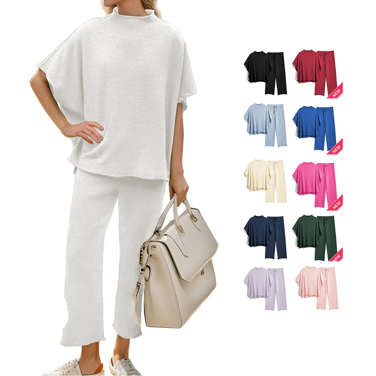 Women's Minimalist 2-Piece Casual Loungewear Set - 2 piece sets women, 3/4 Batwing Sleeve Capelet Crew Neck Pullover Top, Relaxed Fit Wide Leg Pants, for Travel