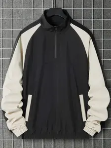 Men's Spring Mountain Colorblock Half-Zip Windproof Polyester Jacket, Fashionable Casual Outdoor Thin Coat, Stylish Lightweight Outerwear