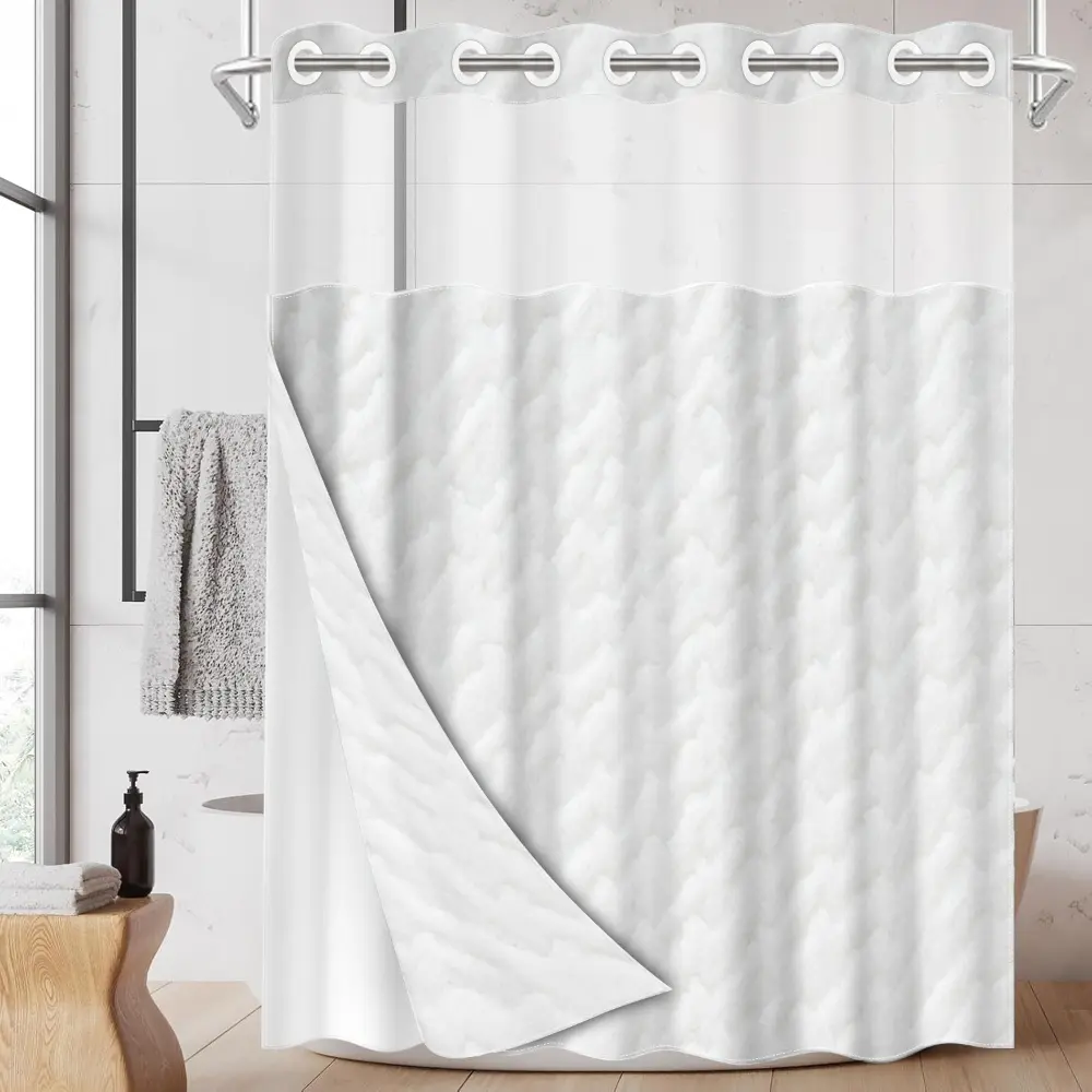 1pc hookless shower curtain with buckle lining, white textured design, 2D flat printing, fabric waterproof lining, see-through double-layer shower curtain, 71 x 74 inches, modern home draping curtain.