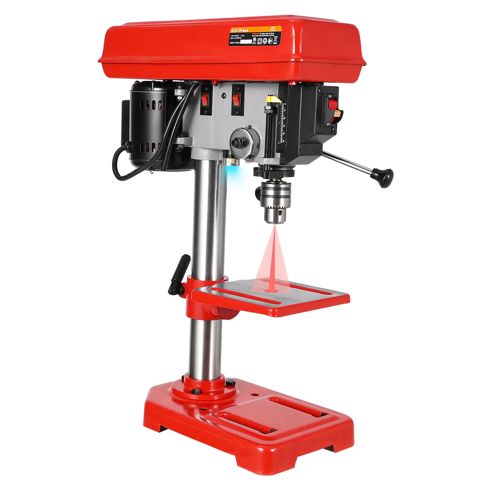 8" Benchtop Drill Press, 5 Adjustable Speeds 620-3100 RPM Tabletop Drilling Machine, Class II Laser Positioning & 1W LED Work Light, 0-45° Tilting Worktable, 1/2" Chuck Capacity Precision Drill for Wood Metal DIY Workshop