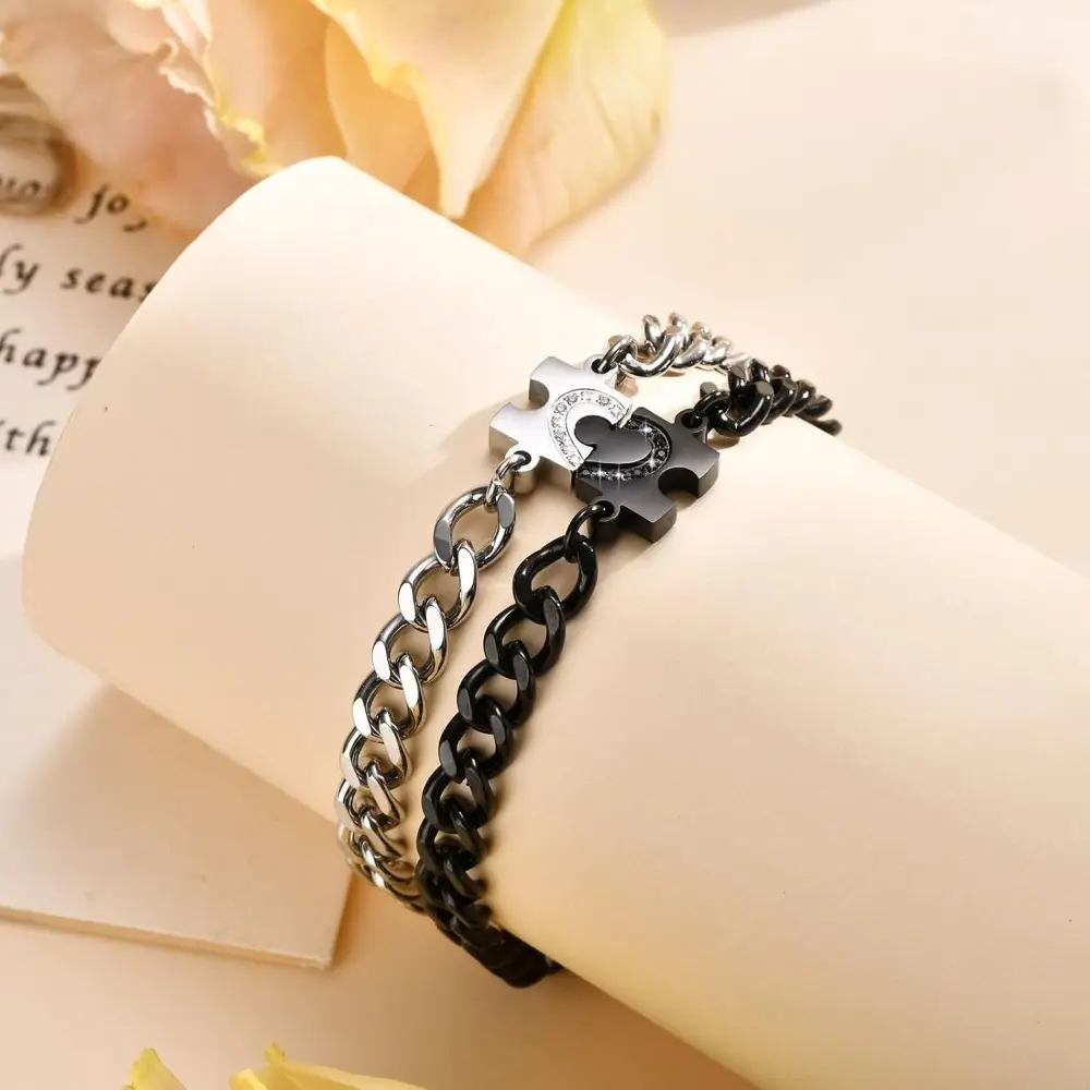 Matching Puzzle Heart Bracelets for Couples, 2 Piece Stainless Steel Jewelry Set with Cubic Zirconia, Long Distance Relationship Gift, Heart Shaped Bracelet
