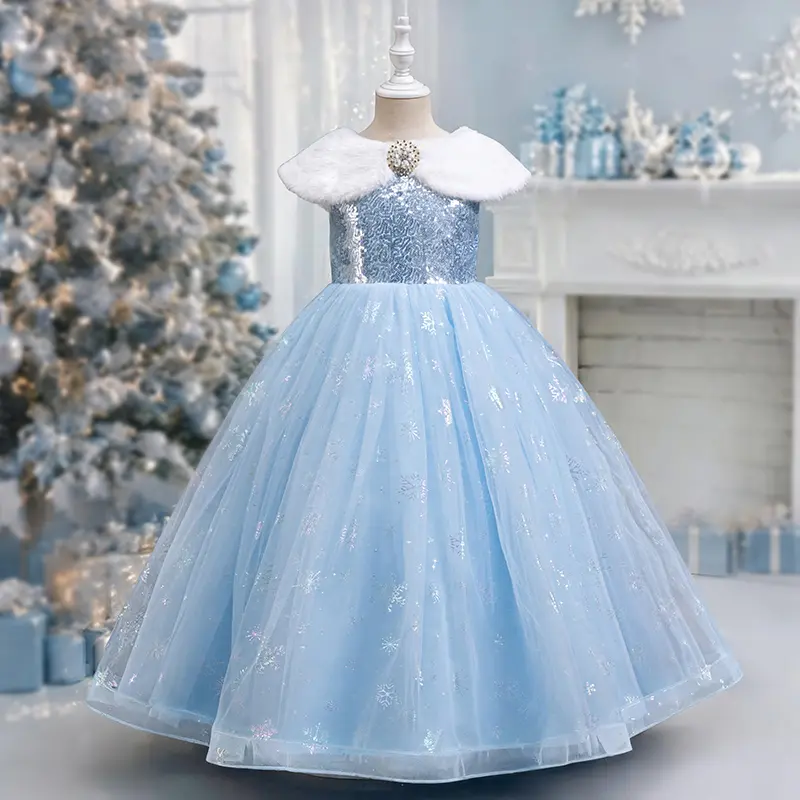 Girls Light Blue Princess Dress with Sequin Bodice & Snowflake Tulle Skirt, Formal Party Gown for Birthday Wedding Flower Girl Holiday