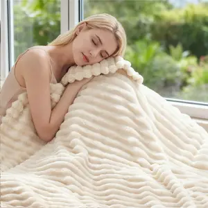 [Spring Glow Up] Raybee Cozy Soft Blanket Queen Size - Faux Rabbit Fur Striped Throw Blankets for Bed,Couch,Travel,Office,Home Bedroom Decor Plush Outdoorfun,Flannel Throw Blanket,Perfect Gift Ideal