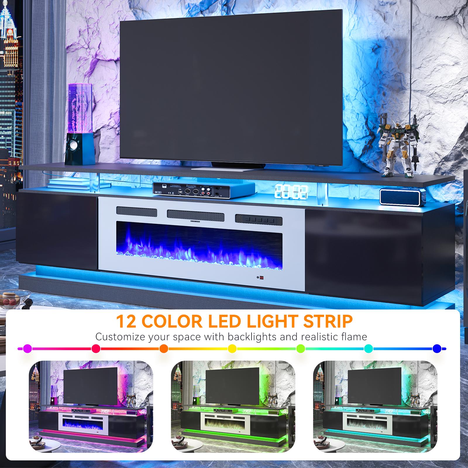 Aoxun 70" Fireplace TV Stand Modern Entertainment Center for TVs Up to 80" with Storage Cabinets Media Console for Living Room Black TV Stand and White Fireplace