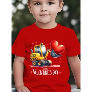 Boys' Regular Fit Crew Neck Short Sleeve T-Shirt - Casual Outdoor Use, Valentine Love Motif, Excavator Holding Heart Cartoon Print, NY-DX4948