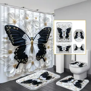 1pc/4pcs 2D Flat Black and White Butterfly Pattern Multi-Color Background Shower Curtain, Modern Home Bathroom Art Decoration, Bathroom Decoration Accessories, Shower Curtain Set with 12 Hooks, Bathroom Non-Slip Mat, Toilet Seat Cover, Bathroom Accessory