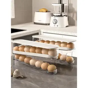 Automatic Rolling 2 Tier Eggs Holder 11.92”D X 3.34”W X 5.59”H Stackable Fridge Organizers Clear PET Plastic Egg Dispenser with Lid for Refrigerator & Kitchen Countertop