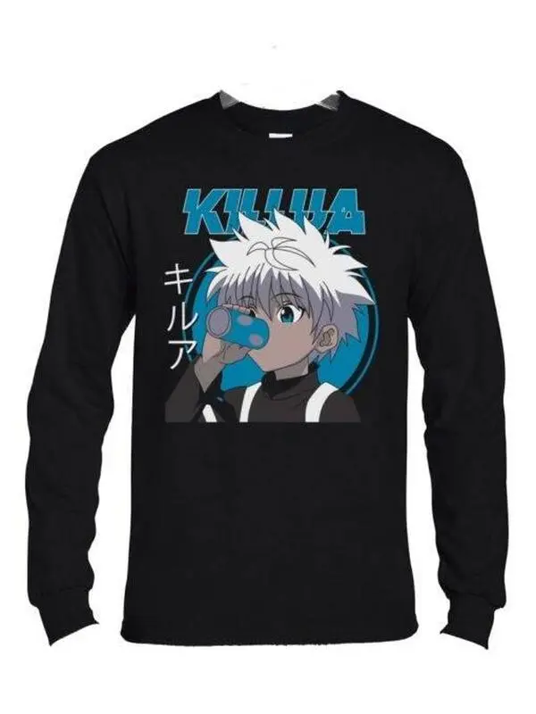 Hunter x Hunter Killua Drinking Long Sleeve T-Shirt for Men – Black Anime Tee Chill Assassin Shirt