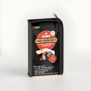 Kiwi Leather Care Kit (6 Piece Kit) Shines Nourishes Protects Leather Material Including Bags Shoes and Clothing - Shoe Polish, Wash, Brush & Travel Bag