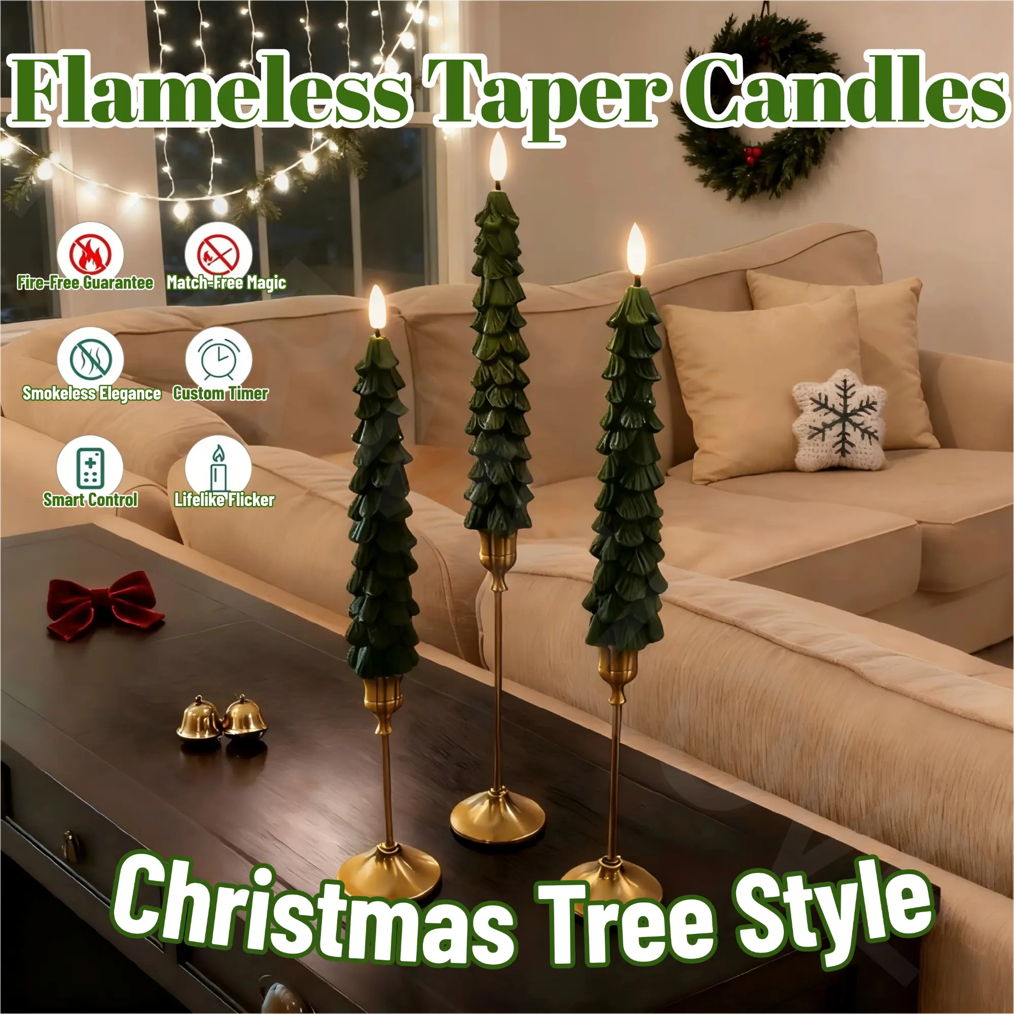 Christmas Tree Flameless Taper Candles Flameless Window Candles with Remote Timer, 11.8" Battery Operated 3D Wick LED Flickering Taper Candle for Home, Wedding, Party Decorations